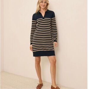 PACT collared sweater dress organic cotton polo rugby stripe navy tan size S